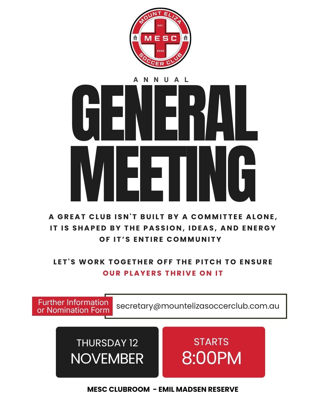 Annual General Meeting - Thursday 12 November, starts 8:00PM, MESC Clubroom - Emil Madsen Reserve